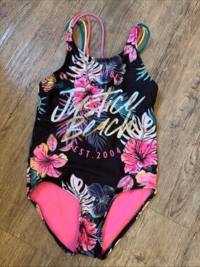 Justice Black Floral One-Piece Swimsuit with Neon Pink Lining